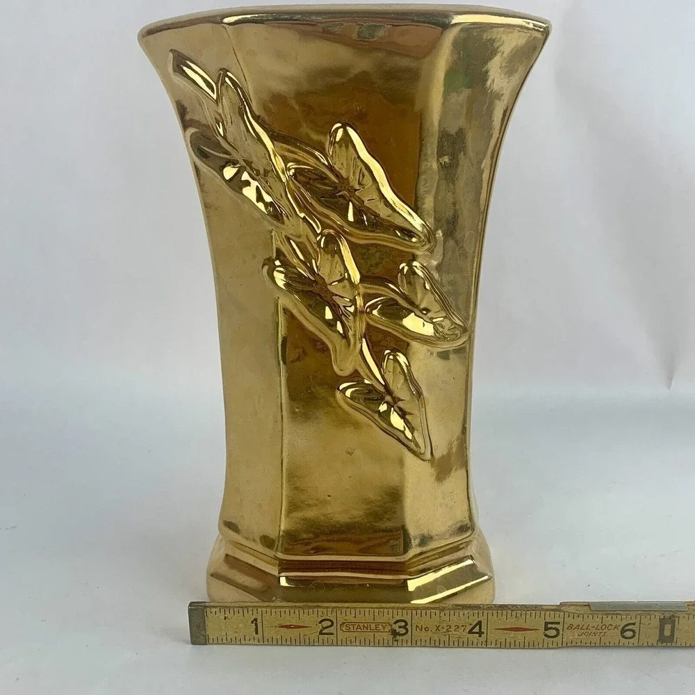 Vintage Gold Glaze Vase MCM Decor Ivy Leaf Flowers Wedding Holiday Metallic